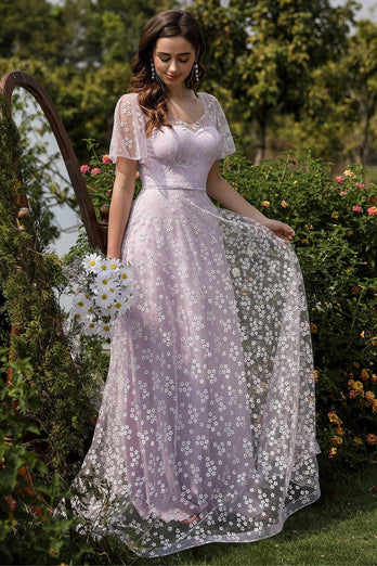 Liliowa Tiulowa Sukienka Na Studniówkę Z Kwiatowym Nadrukiem