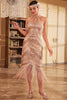 Załaduj obraz do przeglądarki galerii, Szampański Brokat Wiązany Na Szyi Z Frędzlami Sukienka Lata 20 Bez Rękawów