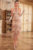 Załaduj obraz do przeglądarki galerii, Szampański Brokat Wiązany Na Szyi Z Frędzlami Sukienka Lata 20 Bez Rękawów
