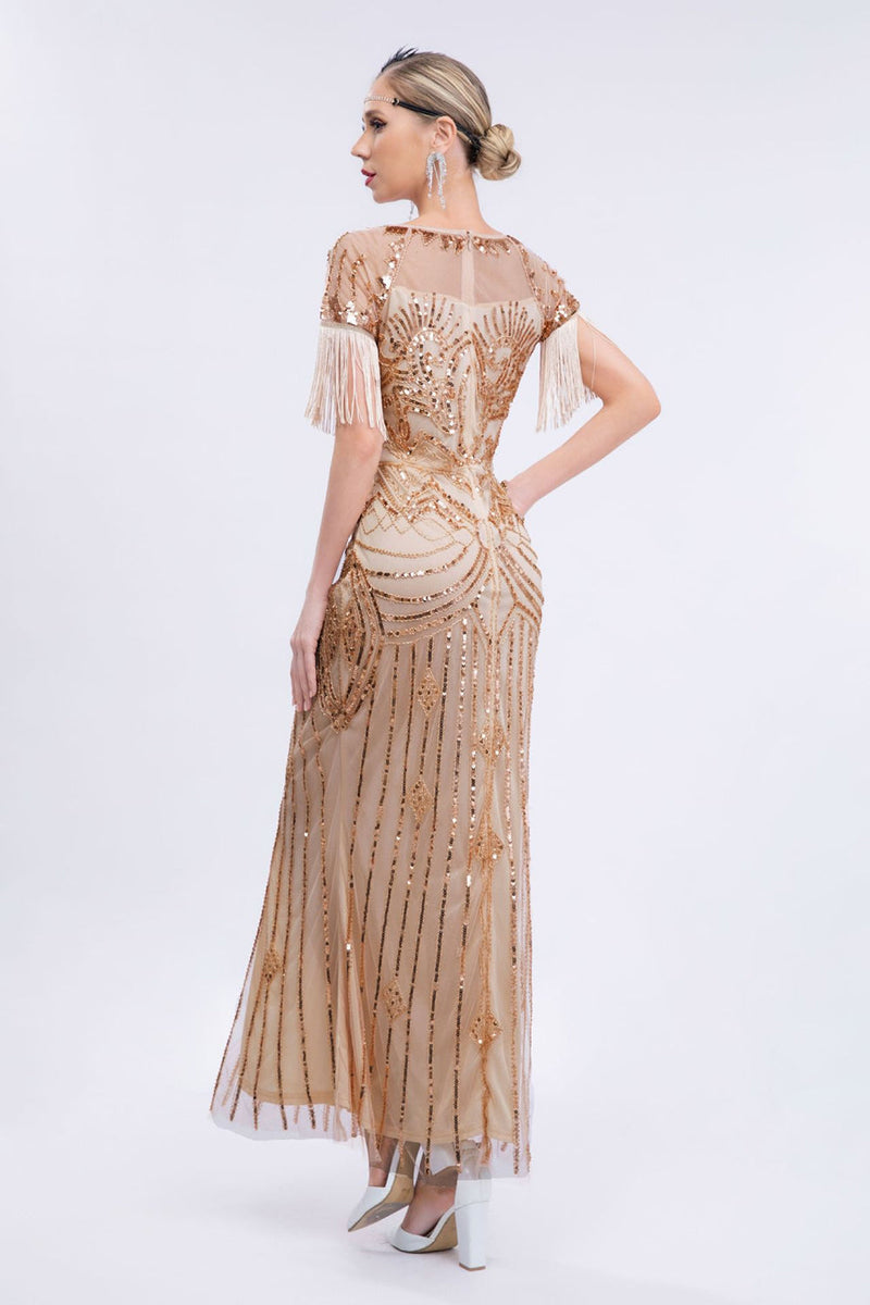 Załaduj obraz do przeglądarki galerii, Szampan Błyszczące Frędzle Długa 1920 Sukienka Z Krótkim Rękawem