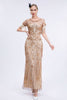 Załaduj obraz do przeglądarki galerii, Szampan Błyszczące Frędzle Długa 1920 Sukienka Z Krótkim Rękawem