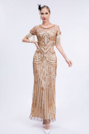 Szampan Błyszczące Frędzle Długa 1920 Sukienka Z Krótkim Rękawem