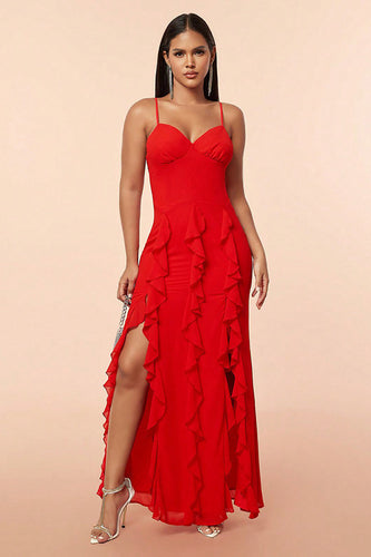 Czerwona sukienka na ramiączka spaghetti z falbankami