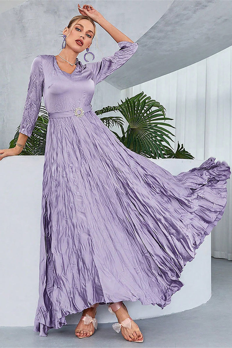 Załaduj obraz do przeglądarki galerii, Liliowy Plisowana Sukienki Na Studniówke Z Długim Rękawem