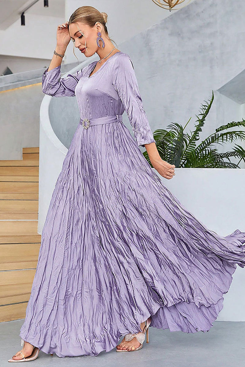 Załaduj obraz do przeglądarki galerii, Liliowy Plisowana Sukienki Na Studniówke Z Długim Rękawem