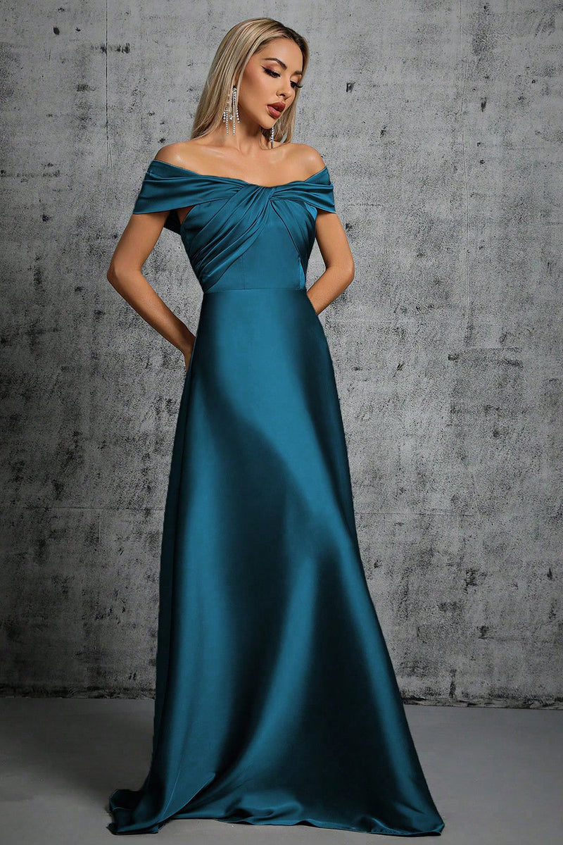 Załaduj obraz do przeglądarki galerii, Paw Niebieski Satynowa Sukienki Na Studniówke z Odkrytymi Ramionami