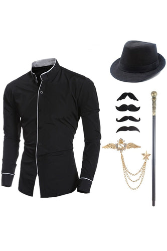 Czarna męska koszula garniturowa z długim rękawem ze stójką i zestawem akcesoriów