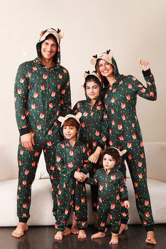 Ciemnozielona rodzinna rodzinna świąteczna piżama jednoczęściowa z nadrukiem
