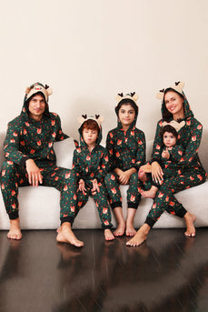 Ciemnozielona rodzinna rodzinna świąteczna piżama jednoczęściowa z nadrukiem