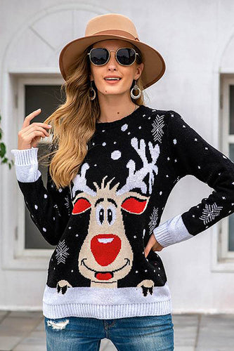 Czarny Świąteczny Sweter Z Reniferem W Kształcie Płatka Śniegu
