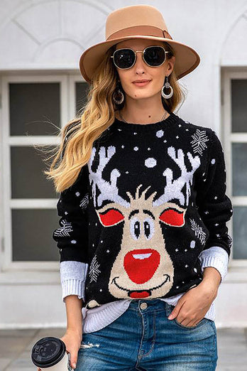 Czarny Świąteczny Sweter Z Reniferem W Kształcie Płatka Śniegu