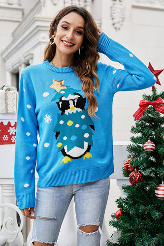 Świąteczny Niebieski Sweter Z Dzianiny Penguin