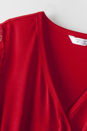 Czerwone Koronkowe Sukienki I Koszulka Z Długimi Rękawami Rodzinne Dopasowane Stroje
