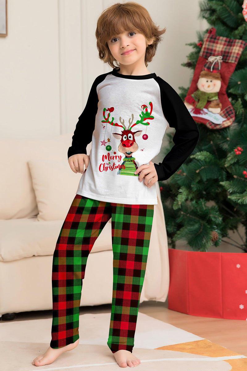 Załaduj obraz do przeglądarki galerii, Świąteczny rodzinny zestaw piżam w kratę z nadrukiem w kolorze czarnym białym jeleniem