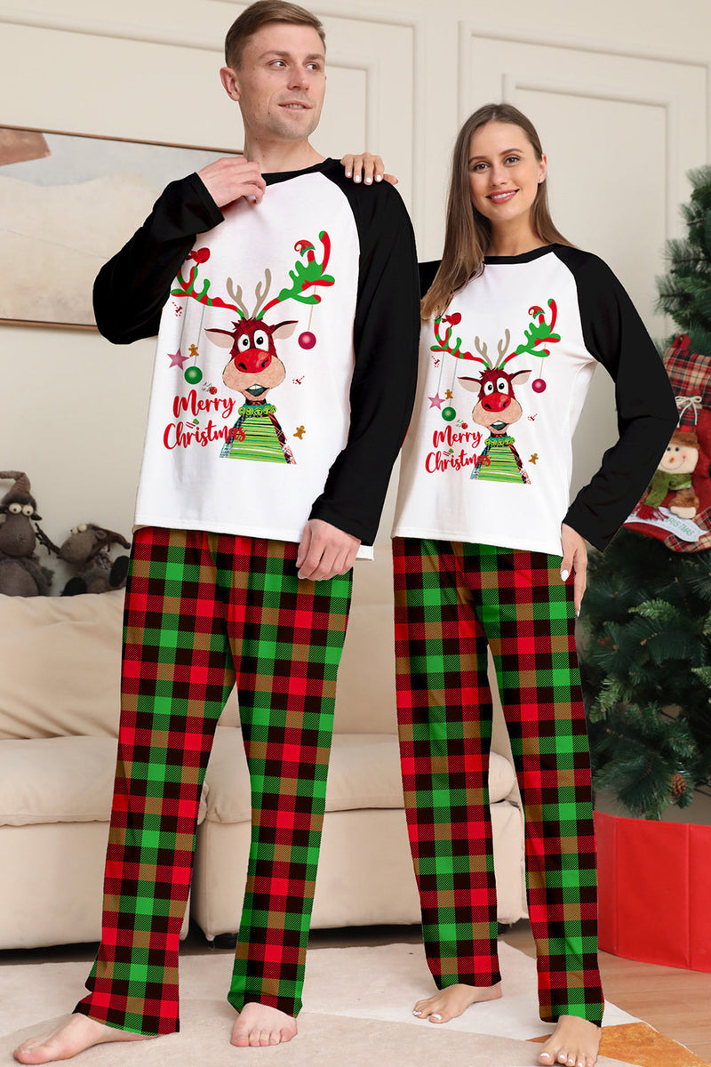 Załaduj obraz do przeglądarki galerii, Świąteczny rodzinny zestaw piżam w kratę z nadrukiem w kolorze czarnym białym jeleniem