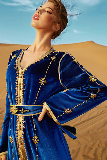 Królewska Niebieska Aksamitna Abaya z Haftem
