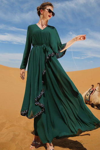 Abaya w Pas z ciemnozielonym dekoltem w serek