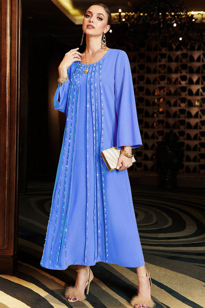 Załaduj obraz do przeglądarki galerii, Niebieska Sukienka Kaftan z Koralikami z Dlugim Rekawem