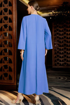 Niebieska Sukienka Kaftan z Koralikami z Dlugim Rekawem