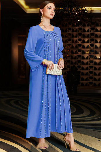 Niebieska Sukienka Kaftan z Koralikami z Dlugim Rekawem