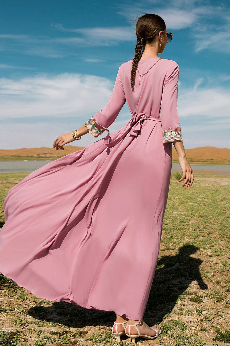 Załaduj obraz do przeglądarki galerii, Różowa Abaya Sukienka z Dlugim Rekawem
