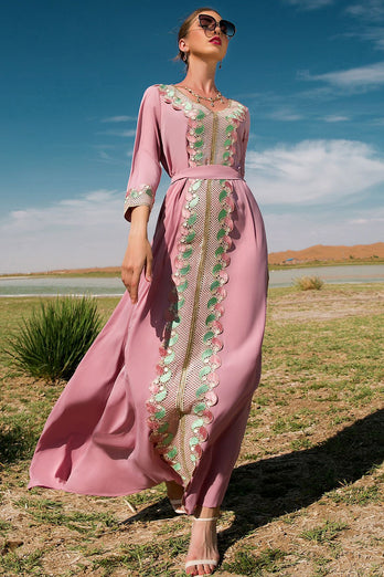 Różowa Abaya Sukienka z Dlugim Rekawem