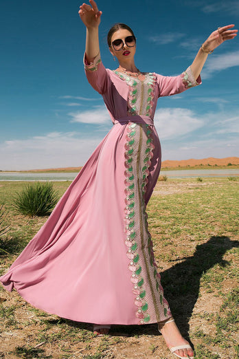 Różowa Abaya Sukienka z Dlugim Rekawem