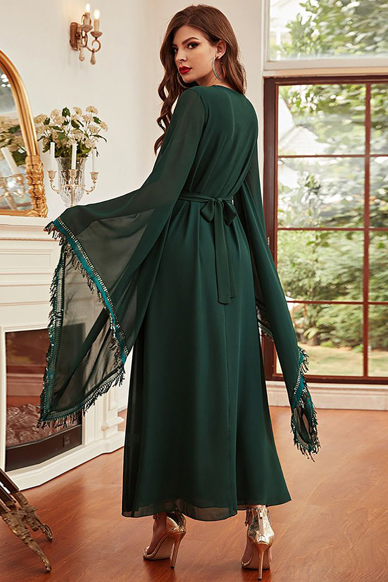 Załaduj obraz do przeglądarki galerii, Ciemnozielona Dekolt V Abaya Sukienka Z Dlugim Rekawem