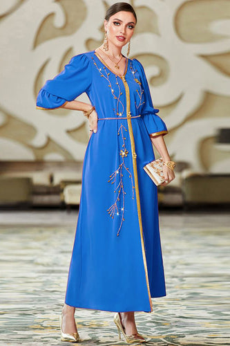 Niebieska Dekolt V Abaya Sukienka