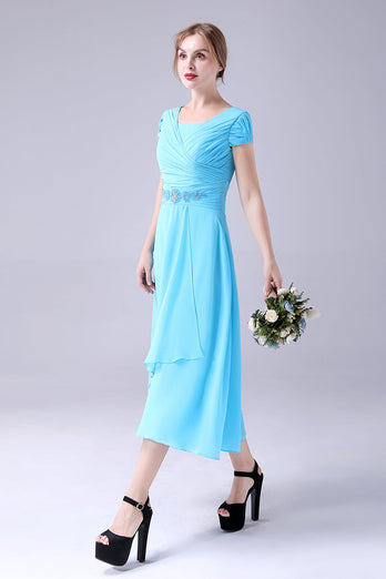 Błękitna Sukienki Na Wesele Dla Mamy Z Kwadratowym Dekoltem W Kształcie Litery A