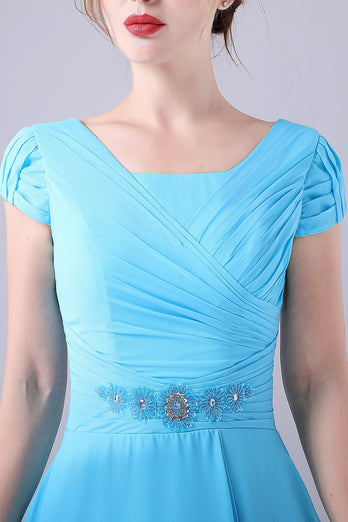 Błękitna Sukienki Na Wesele Dla Mamy Z Kwadratowym Dekoltem W Kształcie Litery A