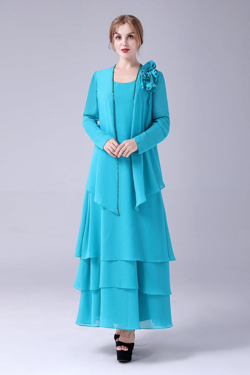 Załaduj obraz do przeglądarki galerii, Niebieska Szyfon Sukienki Na Wesele Dla Mamy Z Okrągłym Dekoltem