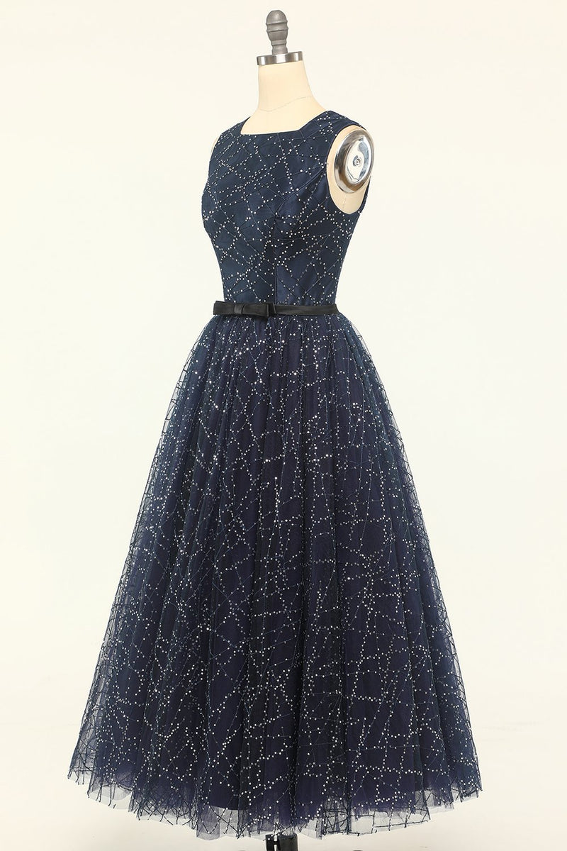 Załaduj obraz do przeglądarki galerii, Brokatowa Granatowa tiulowa sukienka na studniówkę