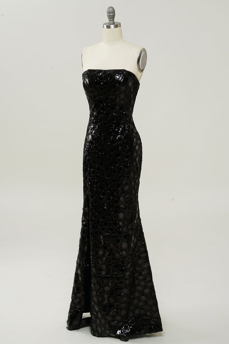 Załaduj obraz do przeglądarki galerii, Czarna Cekinowa Sukienki Wizytowe Bez Ramiączek Syrenki