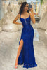 Załaduj obraz do przeglądarki galerii, Brokat Królewski Niebieski Długi Gorset Sukienka Na Studniówkę Z Rozcięciem