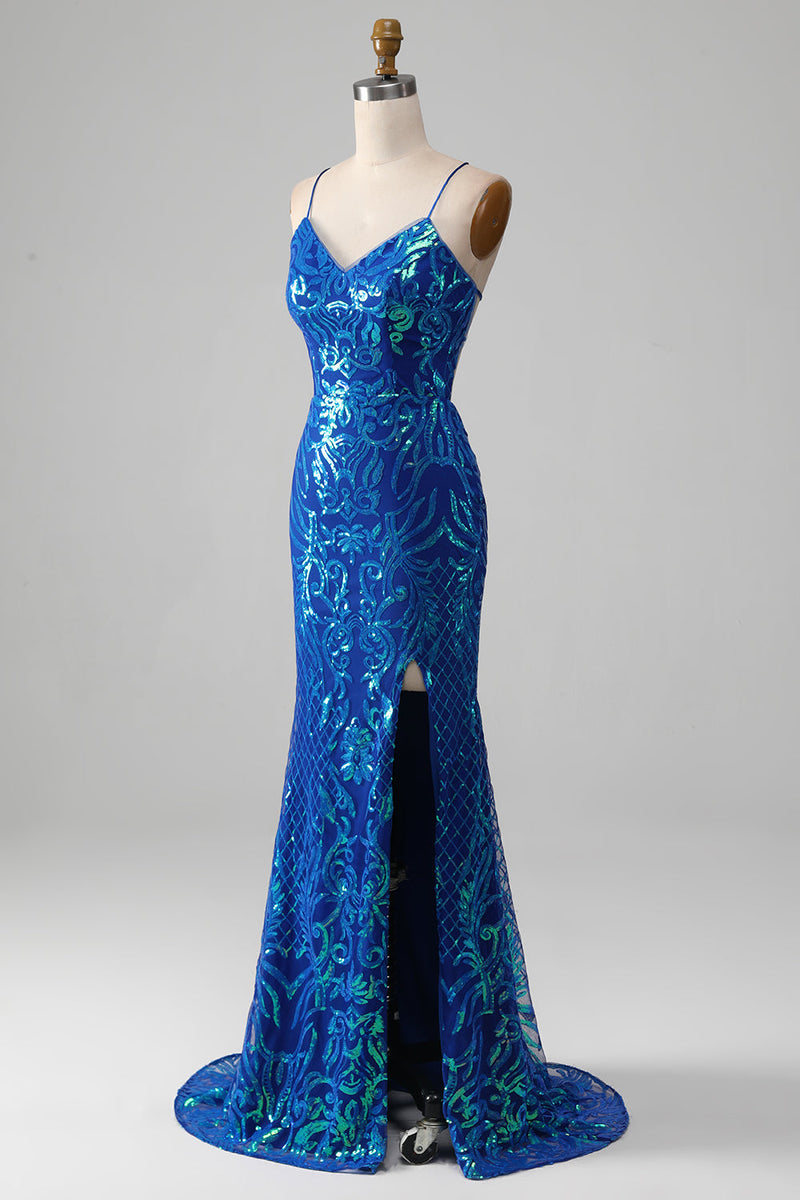 Załaduj obraz do przeglądarki galerii, Syrenka Królewska Niebieska Błyszcząca Sukienki Wieczorowe Z Rozcięciem