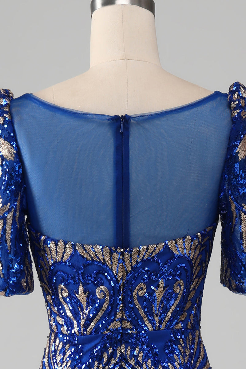 Załaduj obraz do przeglądarki galerii, Syrenka Królewska Niebieska Błyszcząca Sukienka Na Studniówkę Z Krótkim Rękawem