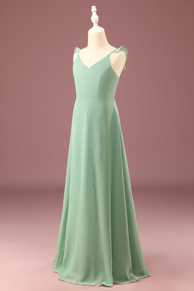 Załaduj obraz do przeglądarki galerii, Linia Długi szyfon Zielona Dekolt V Cienkich Ramiączkach Sukienka Dla Małej Druhny