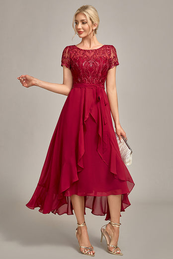 Burgundia Asymetryczna Sukienki Na Wesele Dla Mamy Z Falbanami
