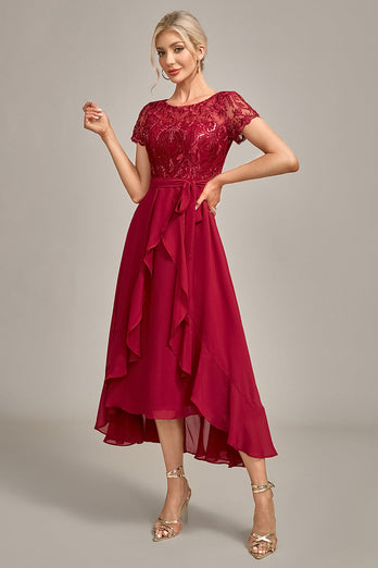 Burgundia Asymetryczna Sukienki Na Wesele Dla Mamy Z Falbanami