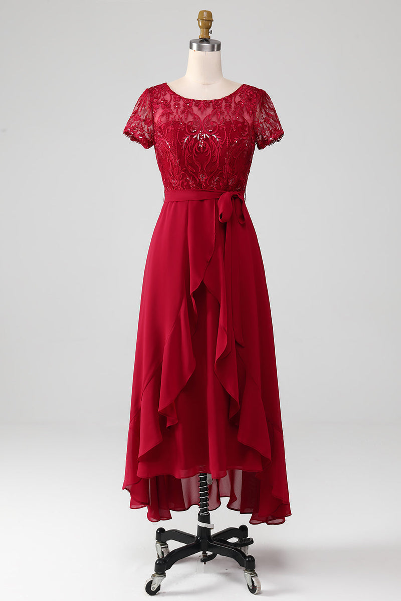 Załaduj obraz do przeglądarki galerii, Burgundia Asymetryczna Sukienki Na Wesele Dla Mamy Z Falbanami