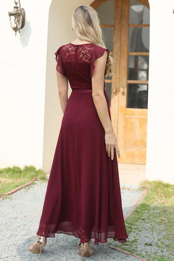 Burgundowa koronkowa szyfonowa suknia druhny