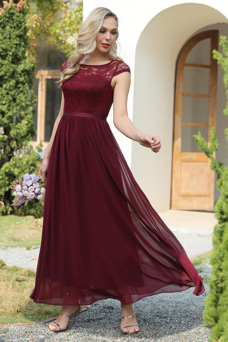Załaduj obraz do przeglądarki galerii, Burgundia Szyfonowa Sukienka Druhny z Krótki Rękaw