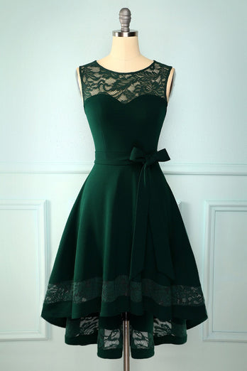 Ciemnozielona Sukienka Vintage Krótsza z Przodu