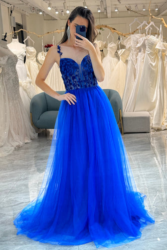 Królewska Niebieska Długa Gorsetowa Sukienka Na Studniówkę Z Aplikacjami