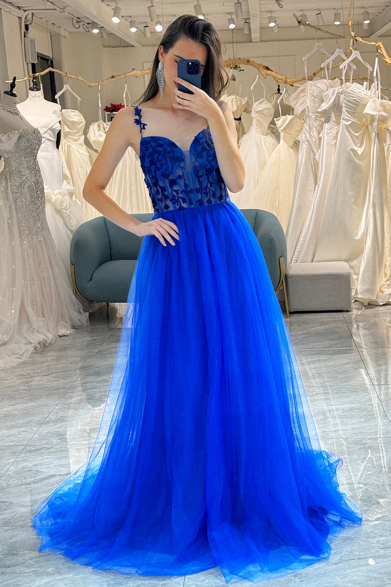 Załaduj obraz do przeglądarki galerii, Królewska Niebieska Długa Gorsetowa Sukienka Na Studniówkę Z Aplikacjami