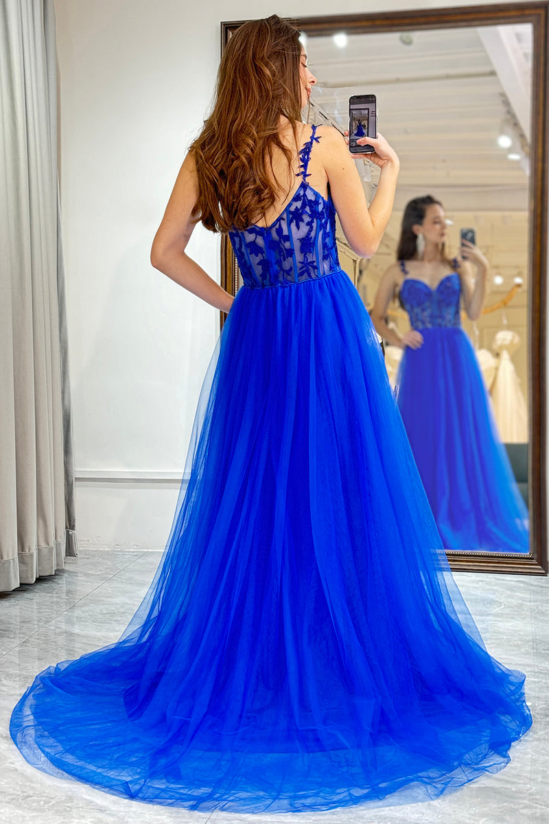 Załaduj obraz do przeglądarki galerii, Królewska Niebieska Długa Gorsetowa Sukienka Na Studniówkę Z Aplikacjami