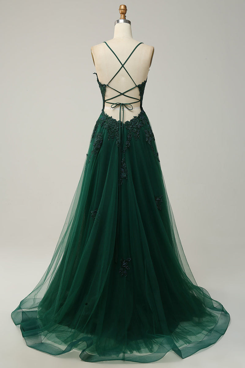 Załaduj obraz do przeglądarki galerii, Tiul Zielona Długa Sukienki Na Studniówke Bez Pleców