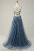 Załaduj obraz do przeglądarki galerii, Szaroniebieska Długa Sukienki Na Studniówke z Aplikacjami Bez Pleców