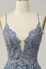 Załaduj obraz do przeglądarki galerii, Szaroniebieska Długa Sukienki Na Studniówke z Aplikacjami Bez Pleców
